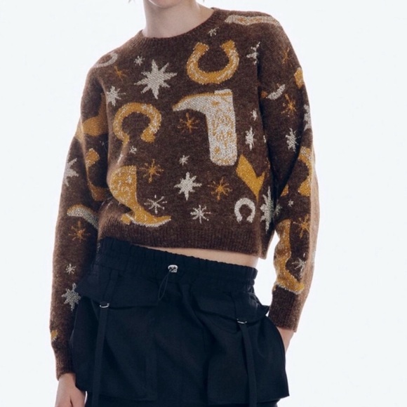 ZARA Western Theme Brown Lurex Sweater - Picture 2 of 10